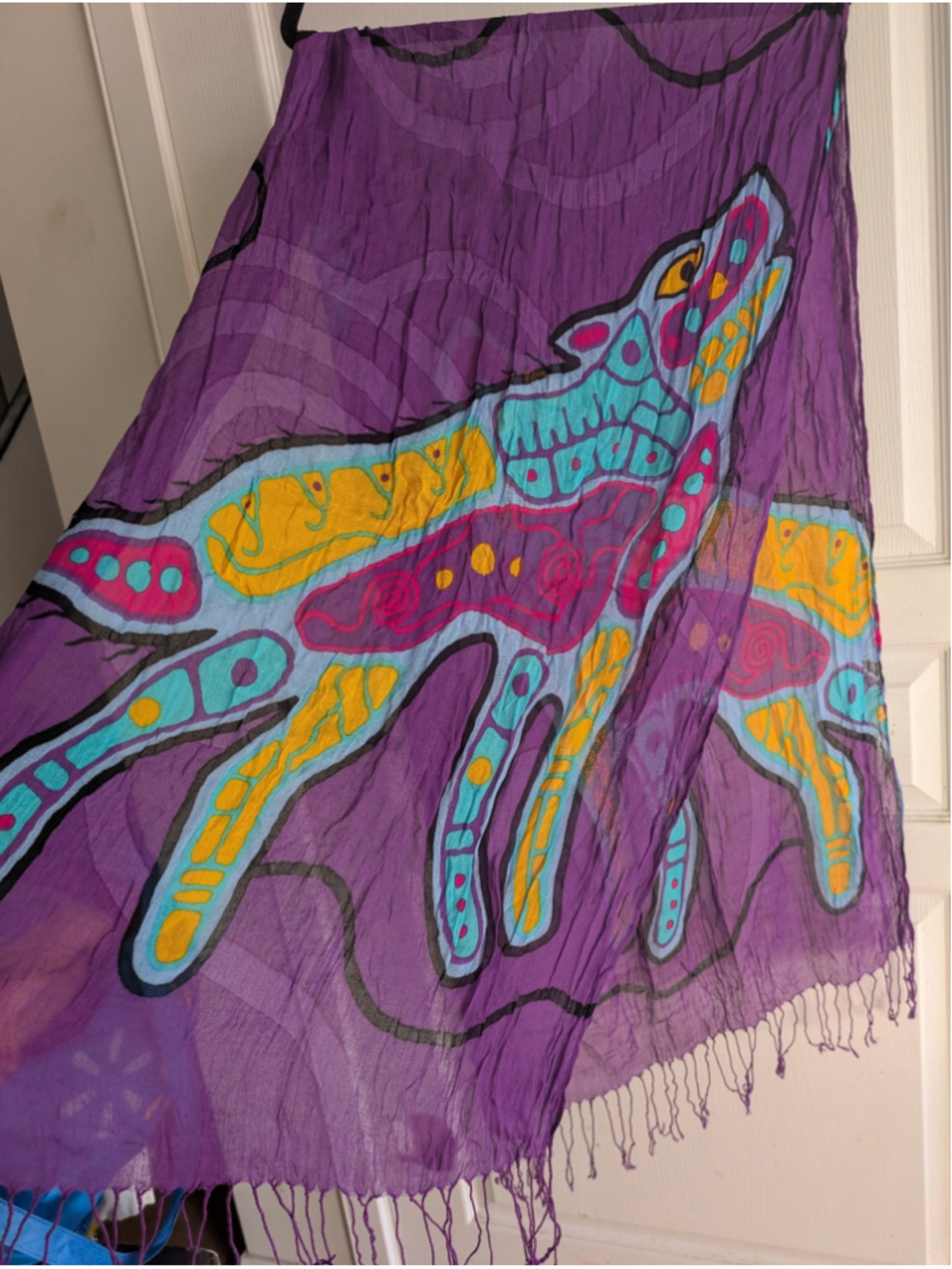 Native Northwest Indigenous Art Wolf Purple Viscose Scarf Wrap - Picture 5 of 7